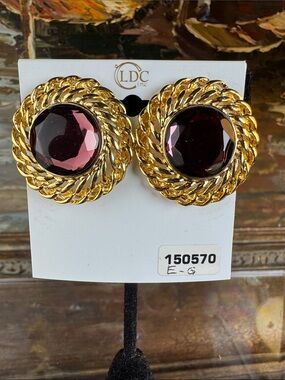 0709-Gold-Tone Braided Circle‎ Earrings with  Gem
